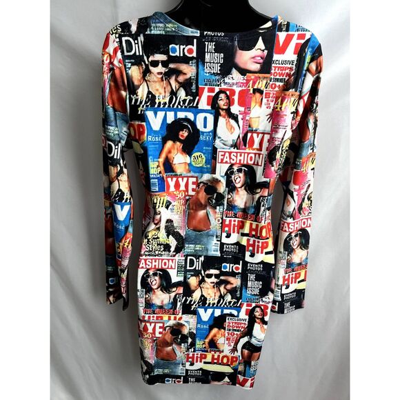 Love, Highlight Y2K Magazine Print Long Sleeve Mini Dress Bodycon Size XL Hip - Picture 5 of 11